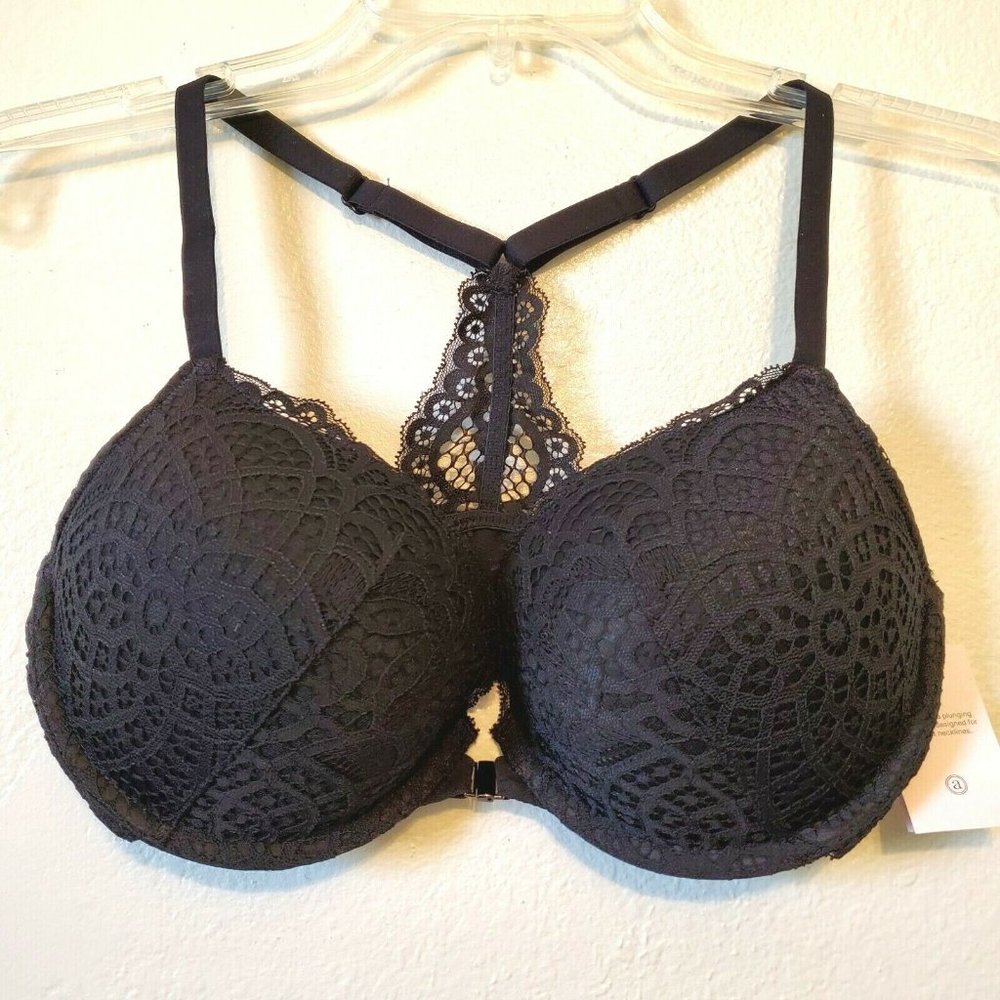 Auden The Radiant Plunge Push-Up Black Lace Bra 34D Front Closure Racerback